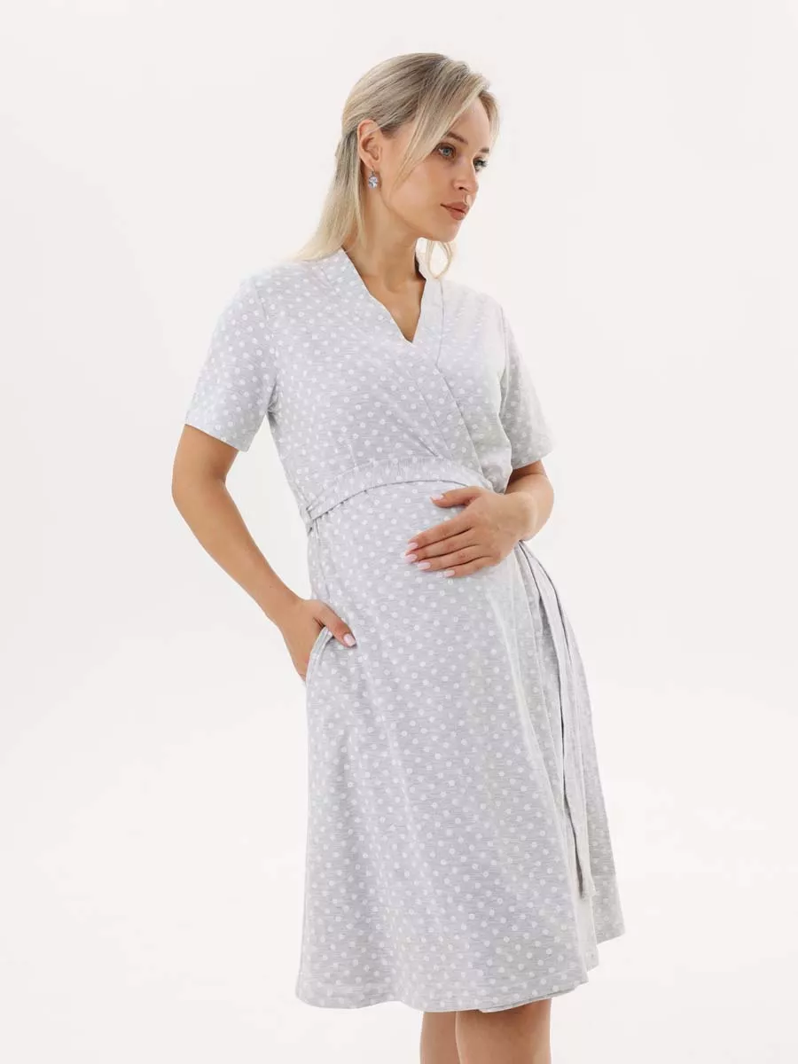 Халат с сорочкой для беременных и кормящих в роддом 55220 серый меланж/белый