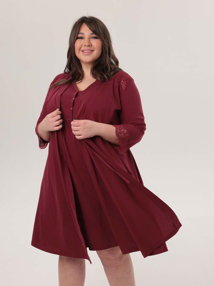 Комплект халат с сорочкой большие размеры костюм в роддом бордовый