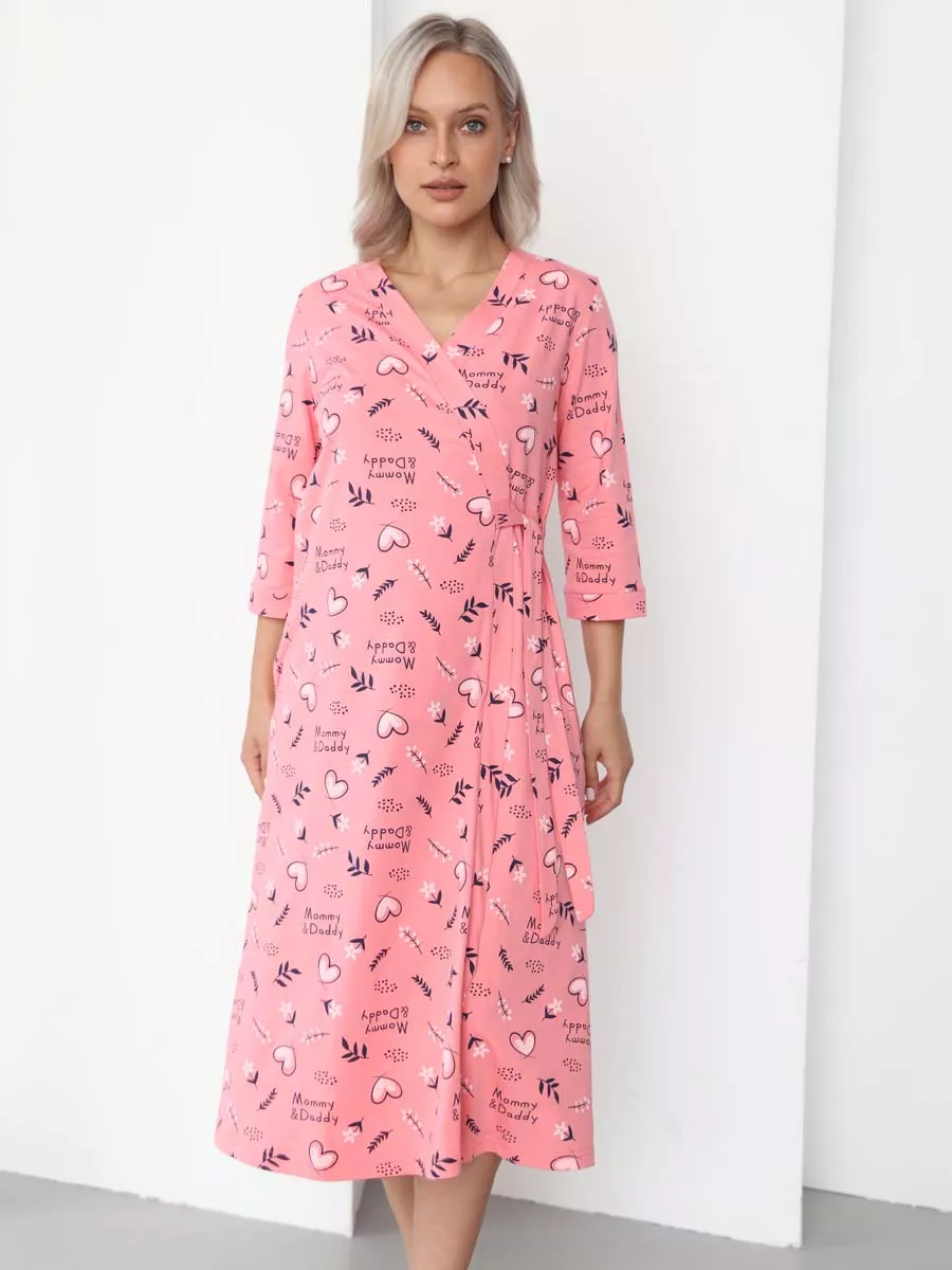 Халат и сорочка для беременных и кормящих в роддом костюм коралловый/белый