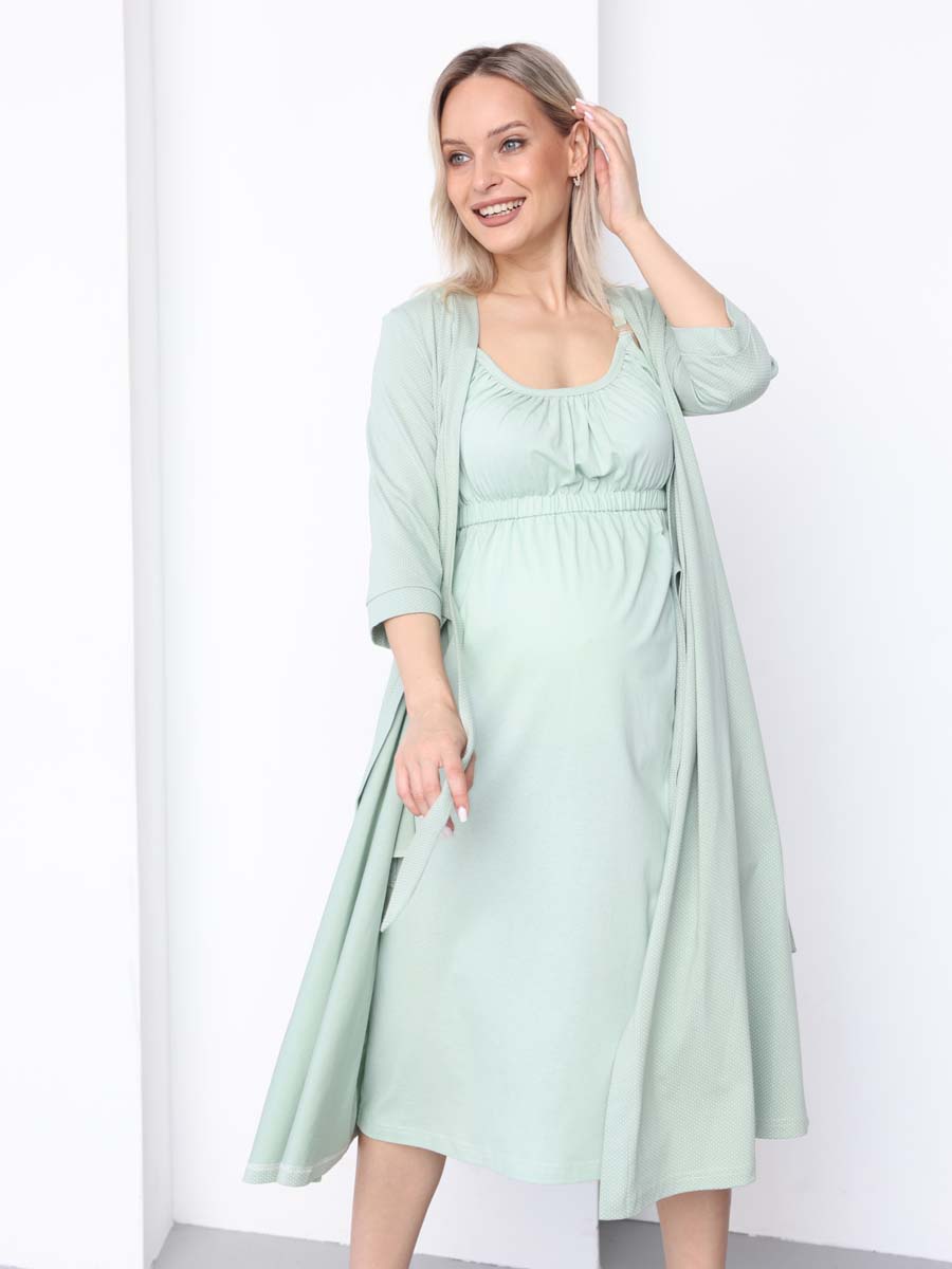 Халат и сорочка для беременных и кормящих в роддом костюм оливковый/молочный