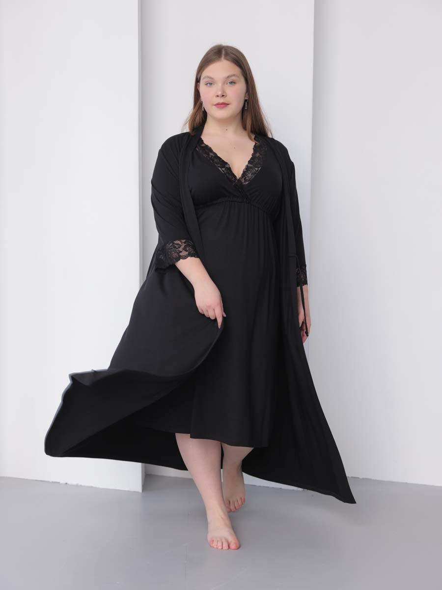 Халат с сорочкой большие размеры черный