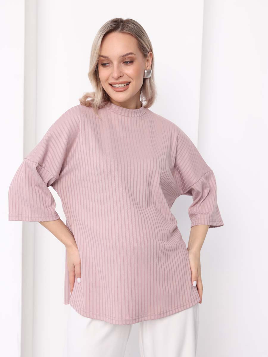 Джемпер оверсайз в рубчик с рукавом 3/4 для беременных пудровый