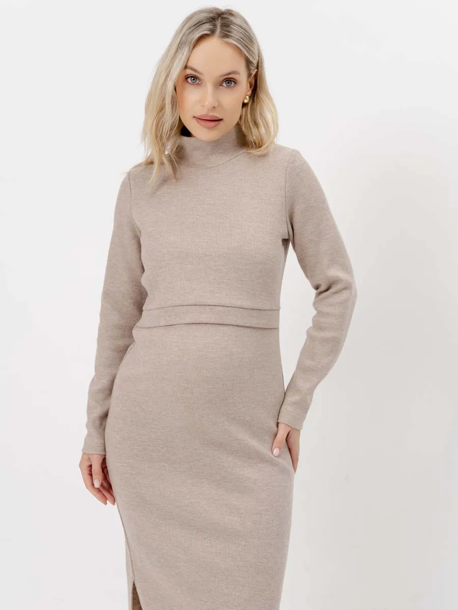 Платье вязаное для беременных и кормящих в офис 54504 бежевый