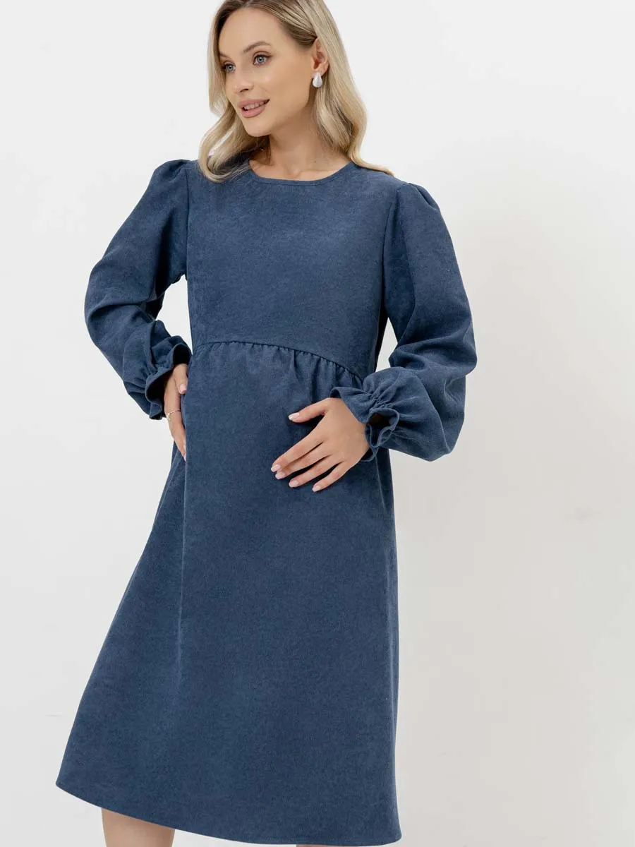 Платье для беременных с длинным рукавом вельветовое в офис сине-серый