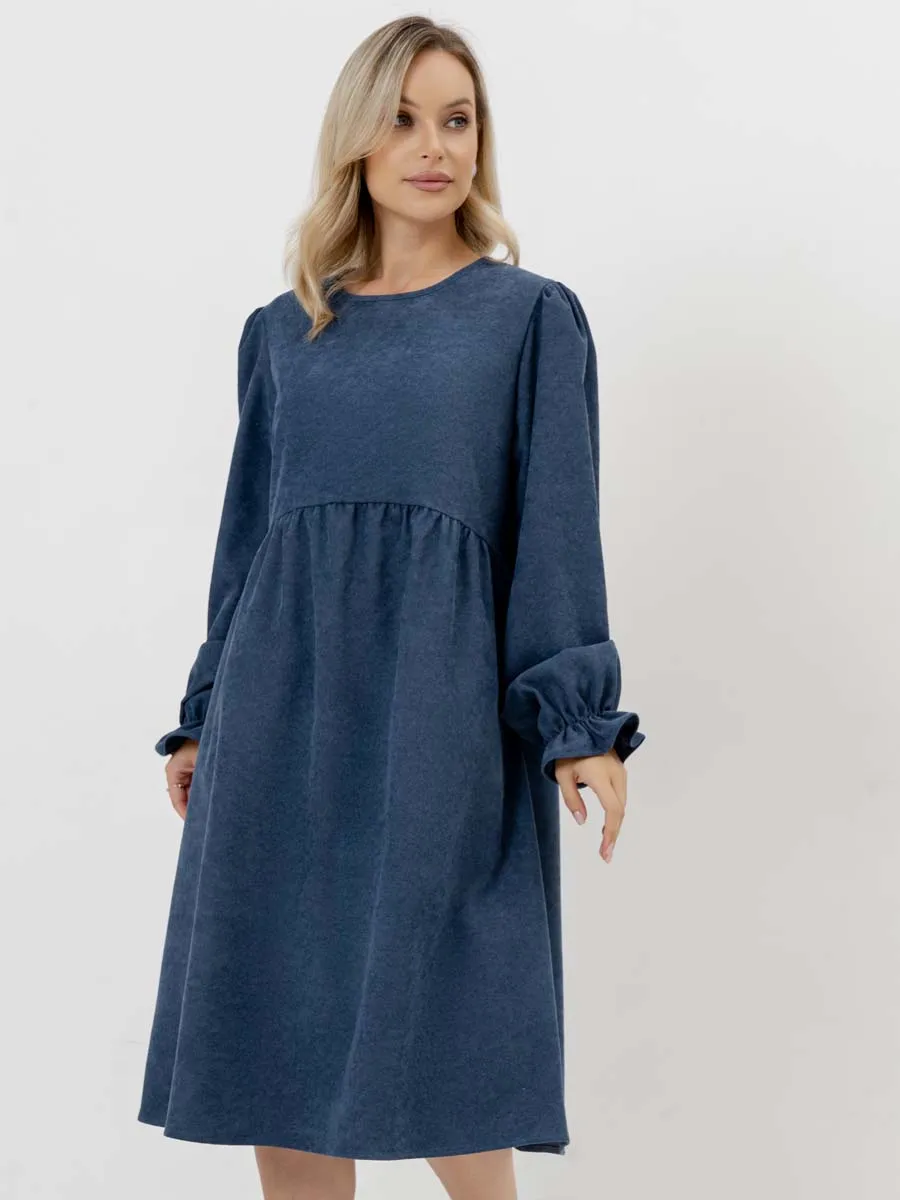 Платье для беременных с длинным рукавом вельветовое в офис сине-серый