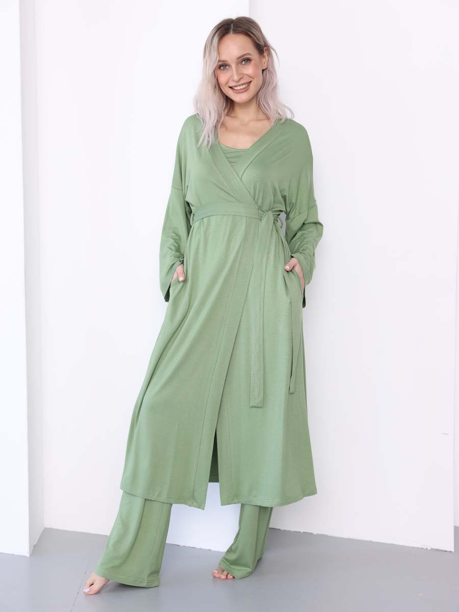 Комплект тройка домашний 24432 халат брюки топ зеленый