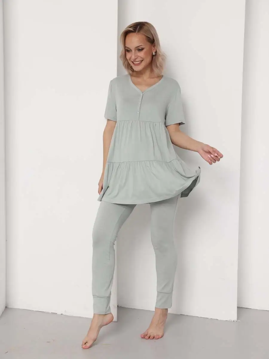 Пижама для беременных и кормящих 50132 туника штаны шалфей