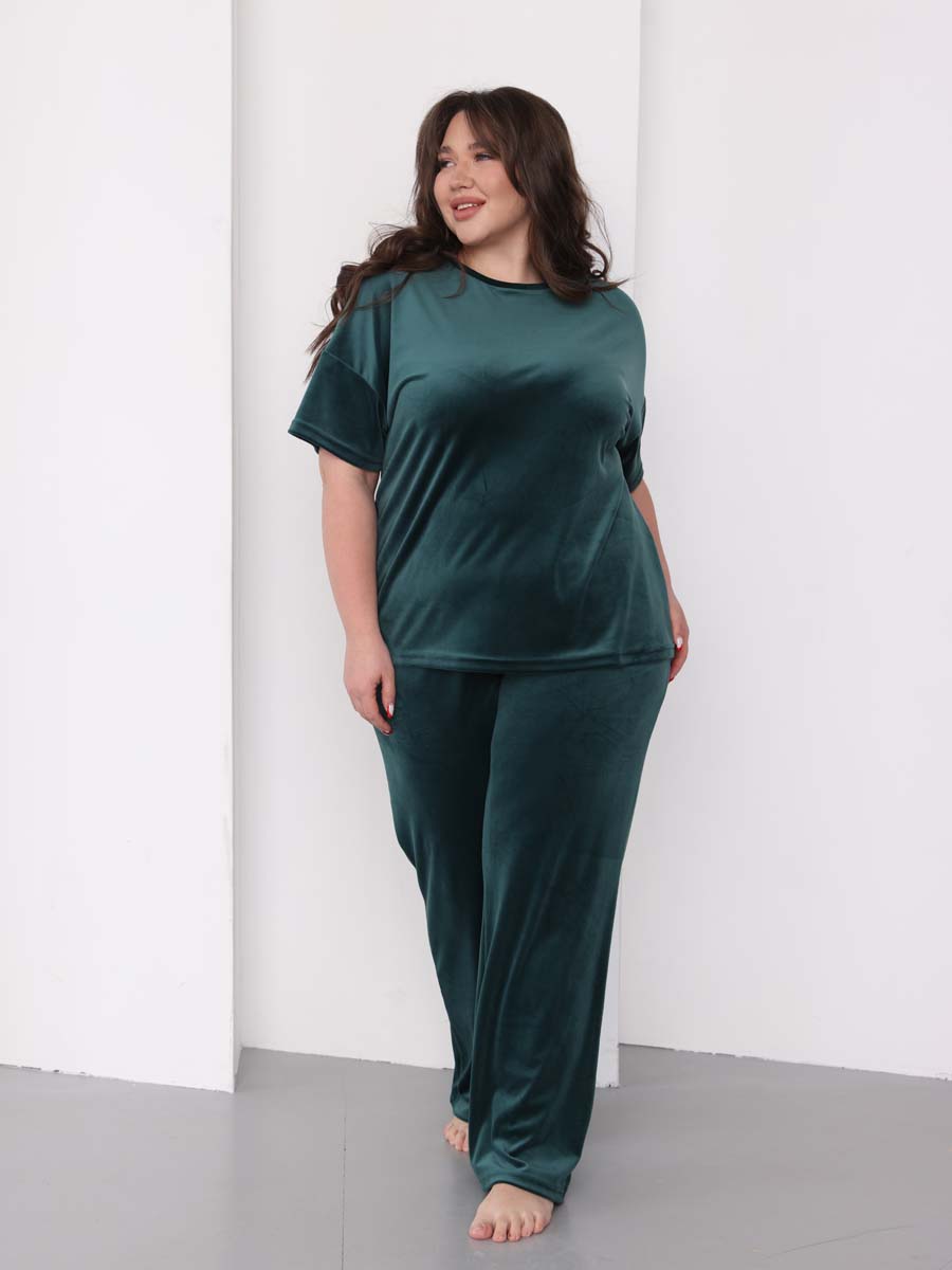 Костюм домашний женский велюровый с брюками палаццо изумрудный/зеленый