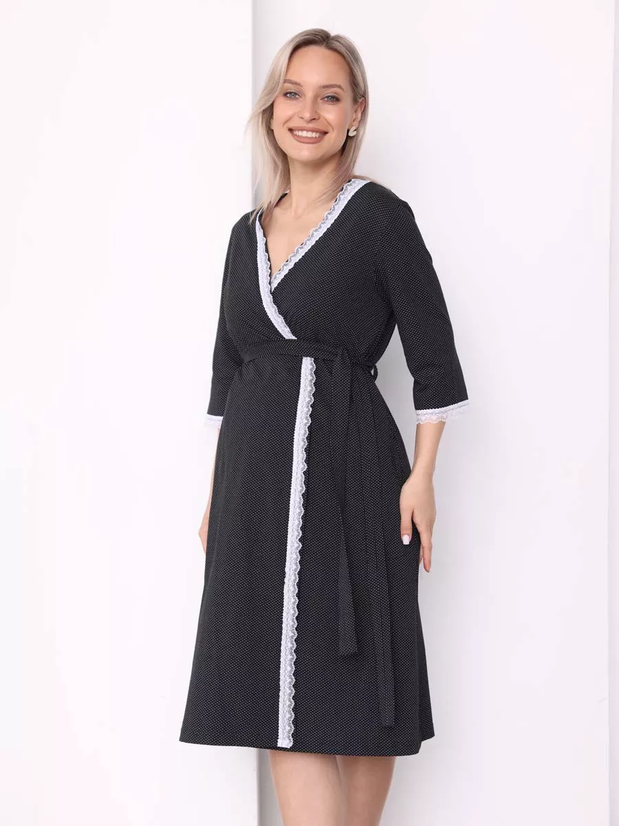 Халат с сорочкой для беременных и кормящих в роддом черный/белый