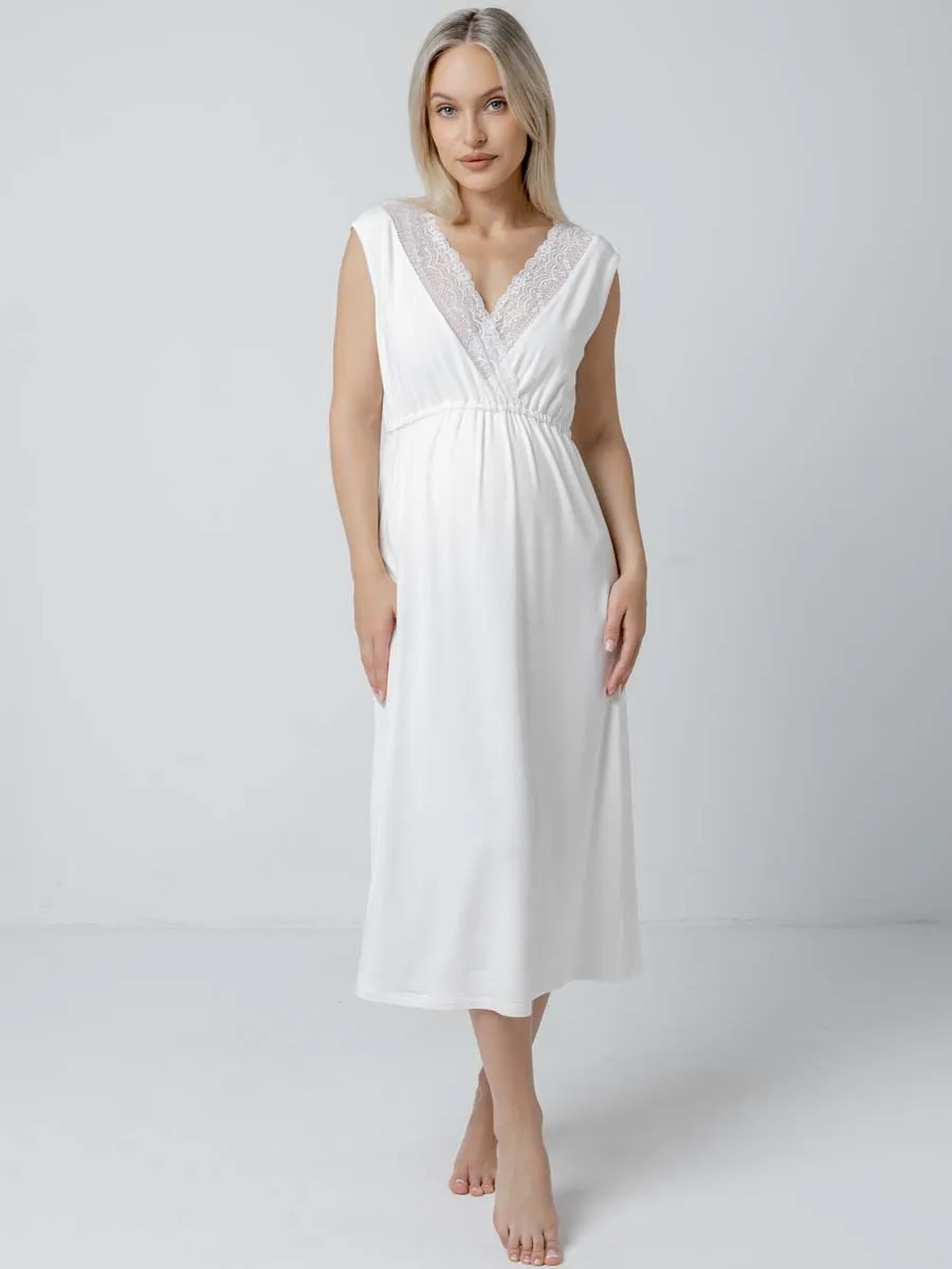 Костюм для беременных халат и сорочка в роддом для кормящих молочный