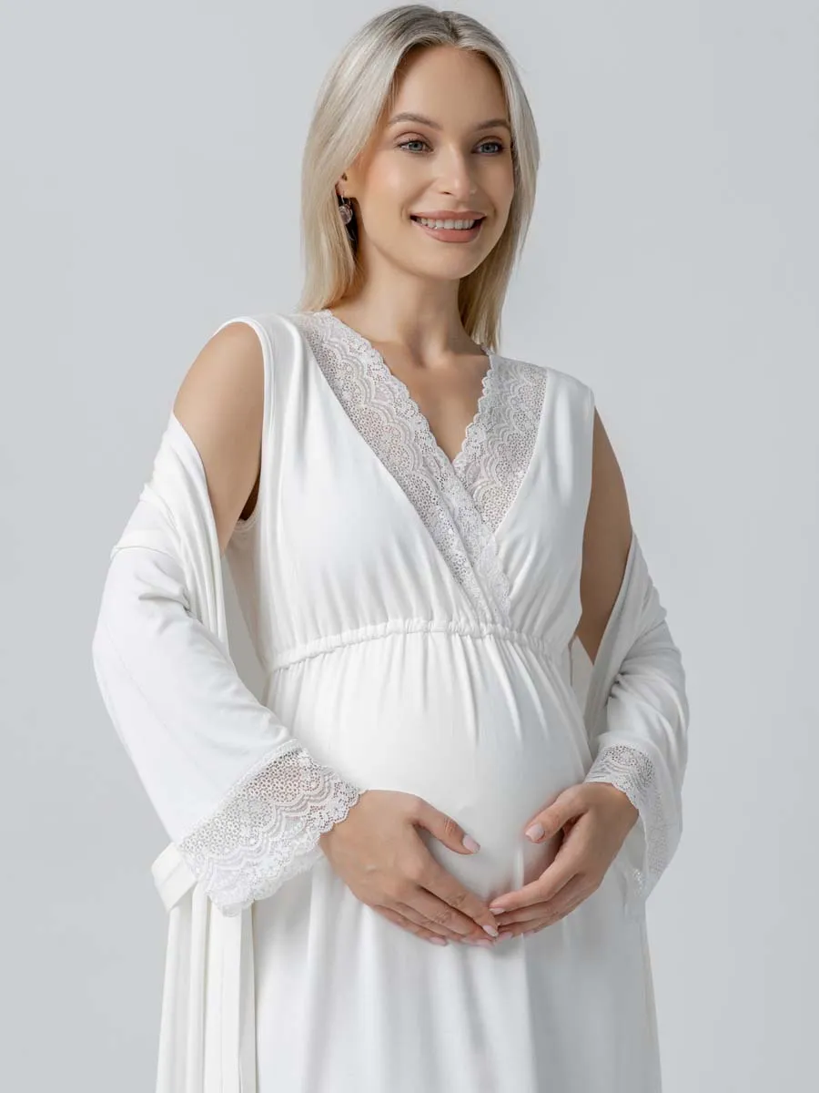 Костюм для беременных халат и сорочка в роддом для кормящих молочный