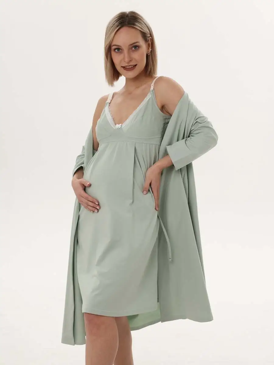 Халат с сорочкой для беременных и кормящих мам светло-зеленый