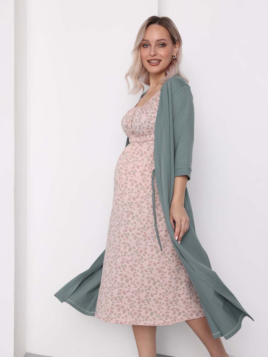 Халат и сорочка для беременных и кормящих в роддом костюм темно-зеленый/пудровый