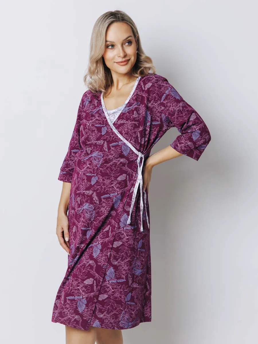 Халат с сорочкой для беременных и кормящих в роддом бордовый/белый