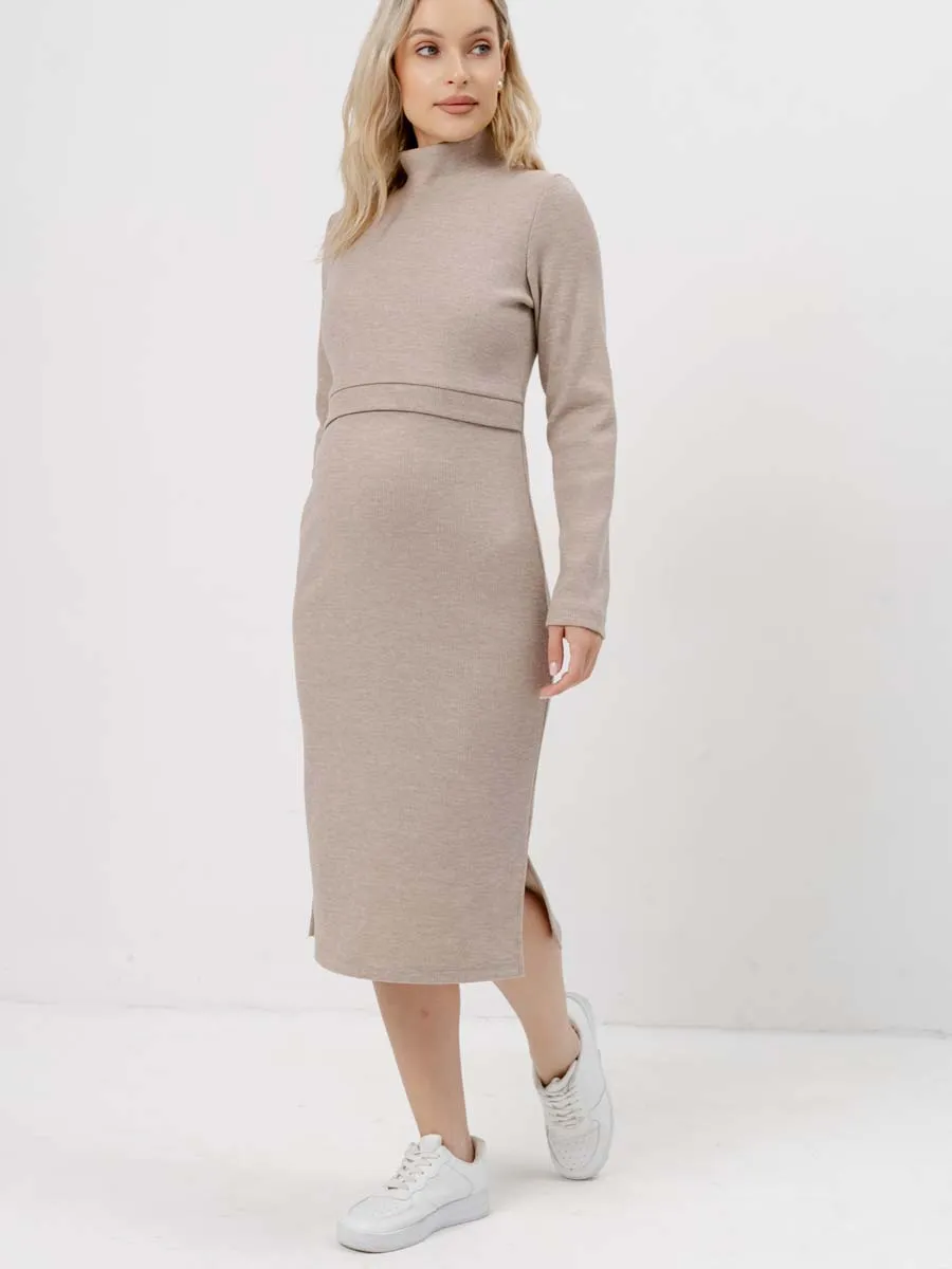 Платье вязаное для беременных и кормящих в офис 54504 бежевый