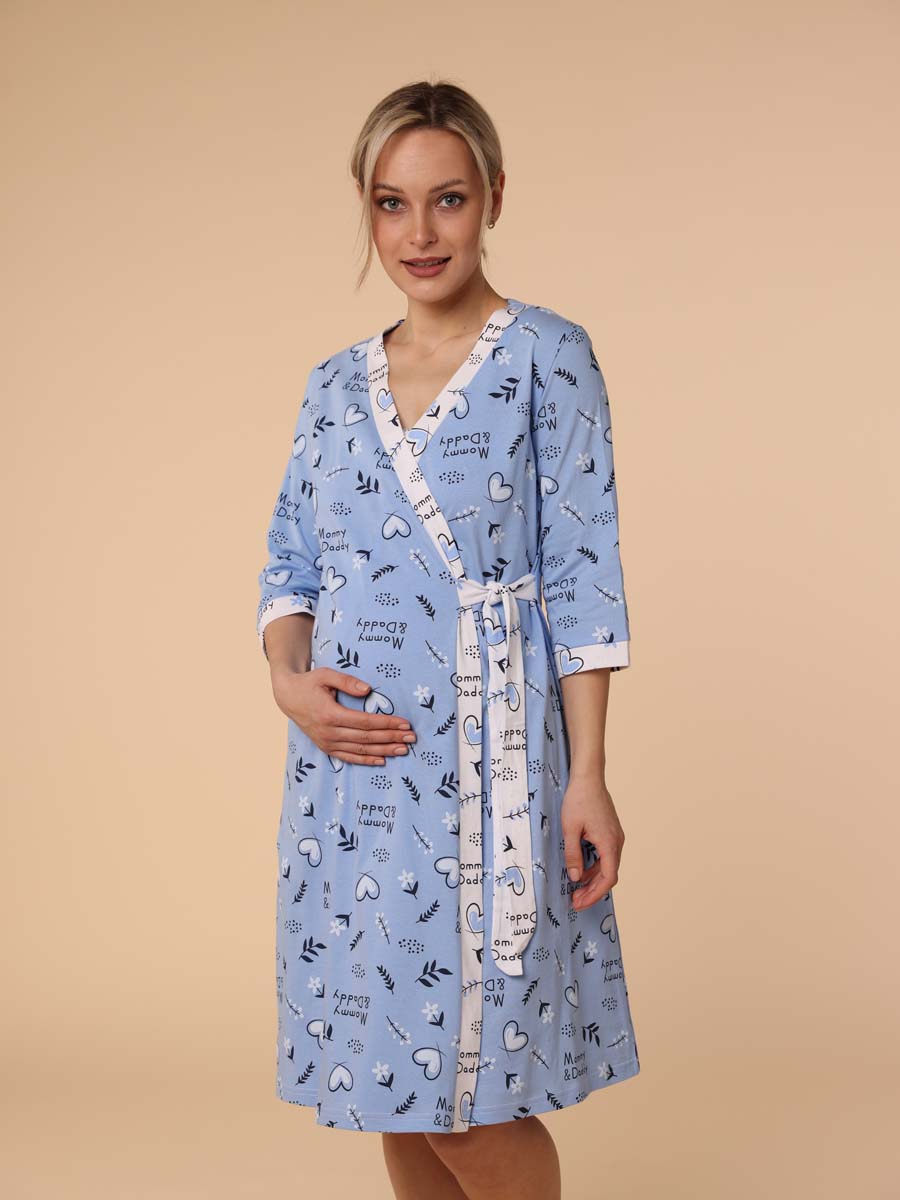 Халат и сорочка для беременных и кормящих в роддом костюм темно-синий/белый