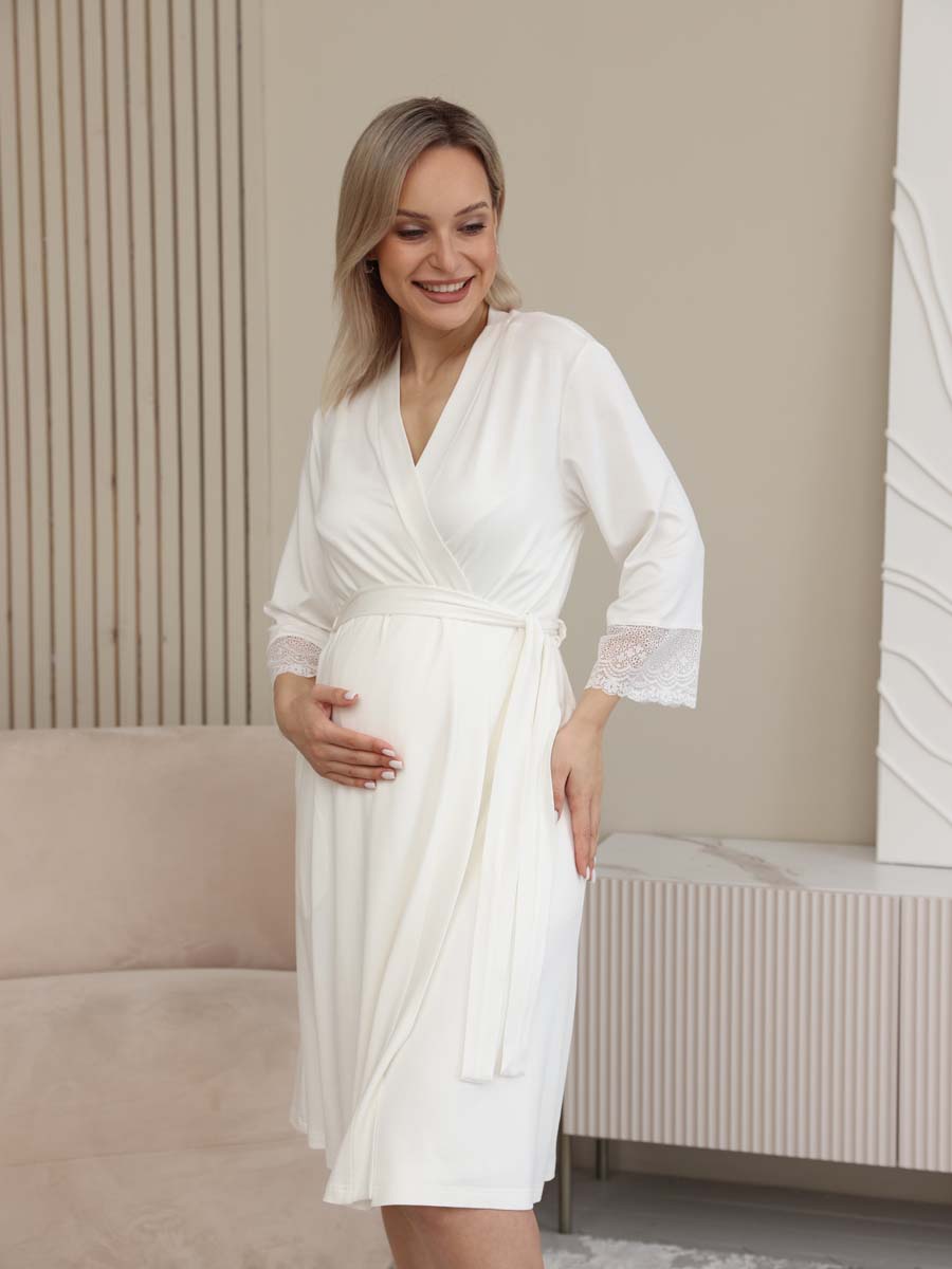 Кружевной пеньюар - халат с сорочкой для беременных 15732 молочный