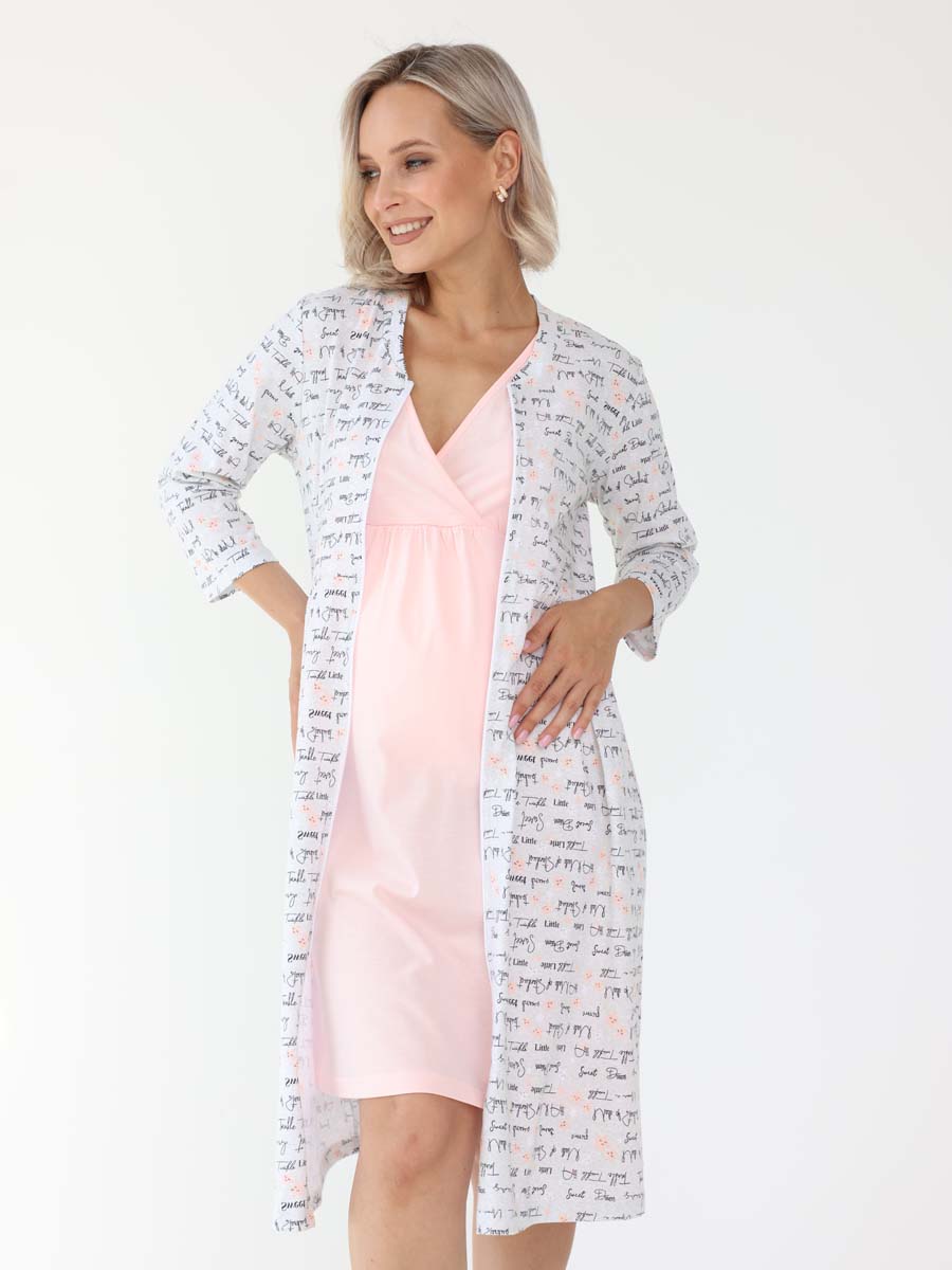 Халат и сорочка для беременных и кормящих в роддом 27320 серый/розовый