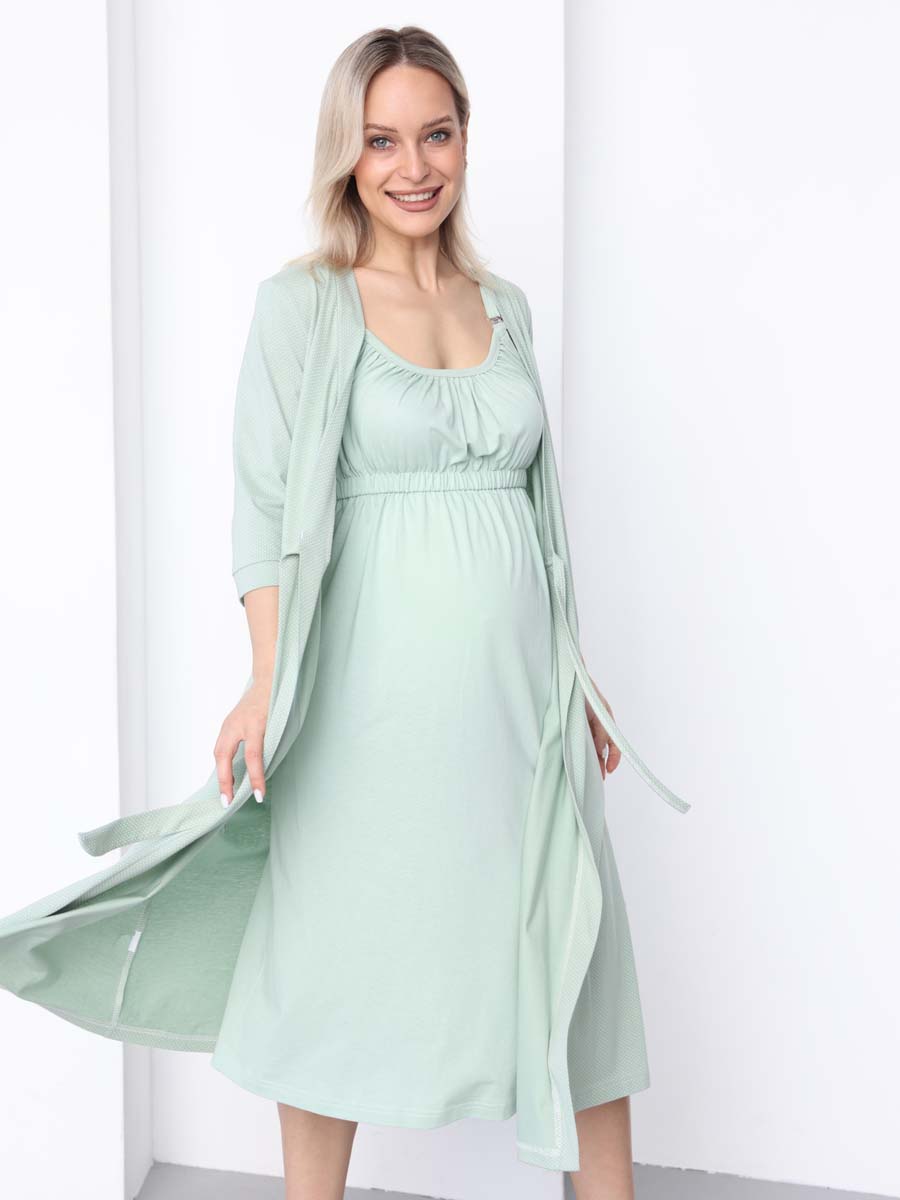 Халат и сорочка для беременных и кормящих в роддом костюм оливковый/молочный