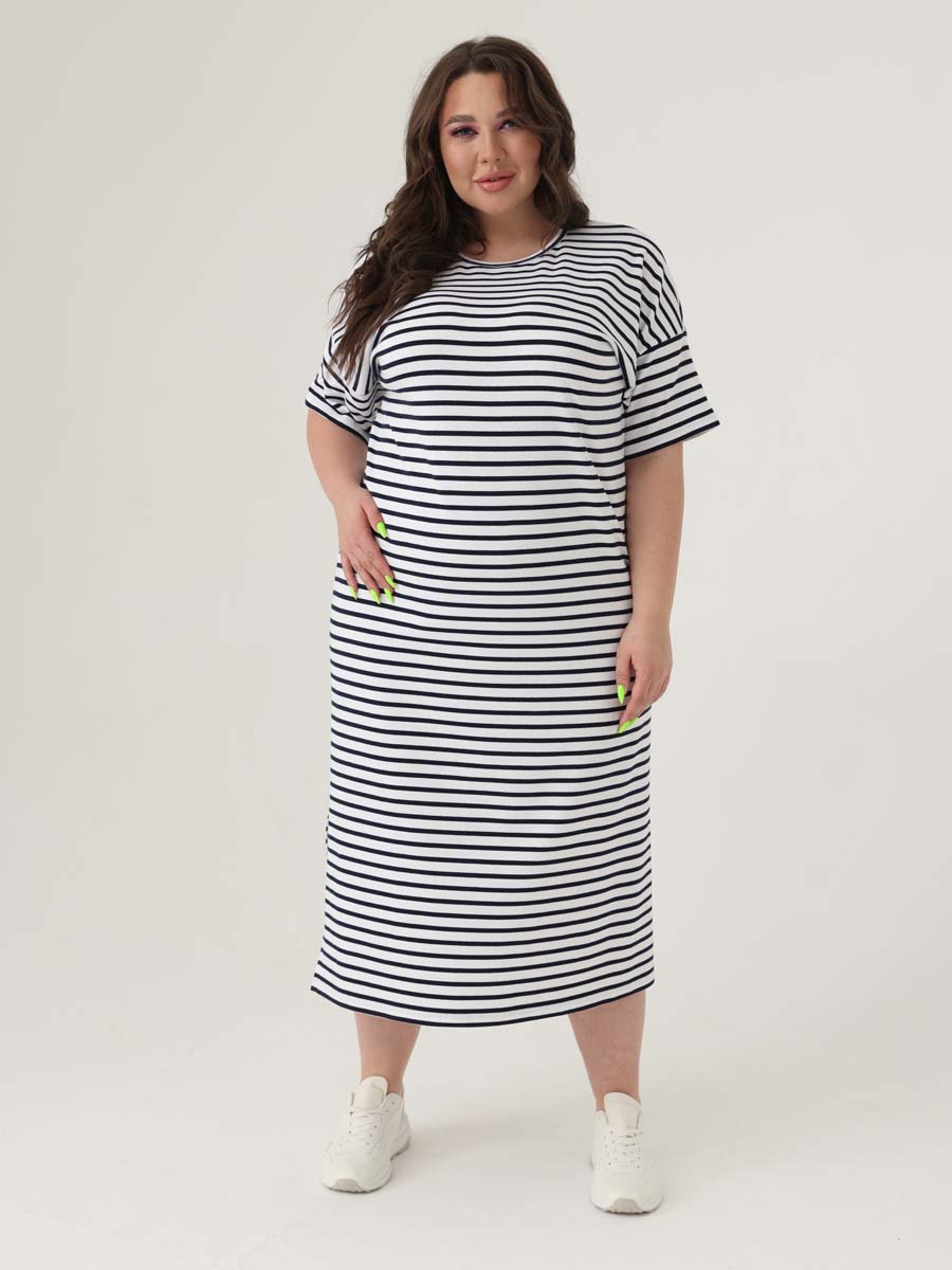 Платье женское больших размеров 69504 в офис белый/темно-синий