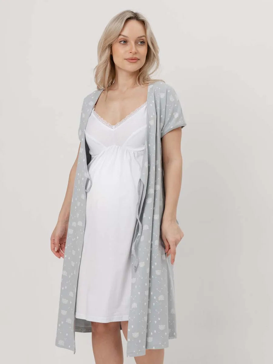 Халат с сорочкой для беременных и кормящих в роддом серый/белый
