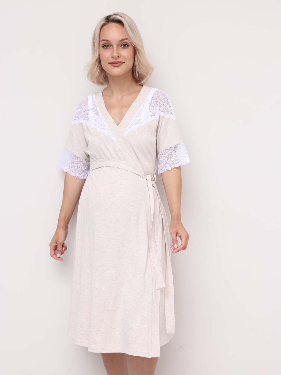Комплект 16820 для беременных и кормящих халат с сорочкой бежевый_меланж/белый
