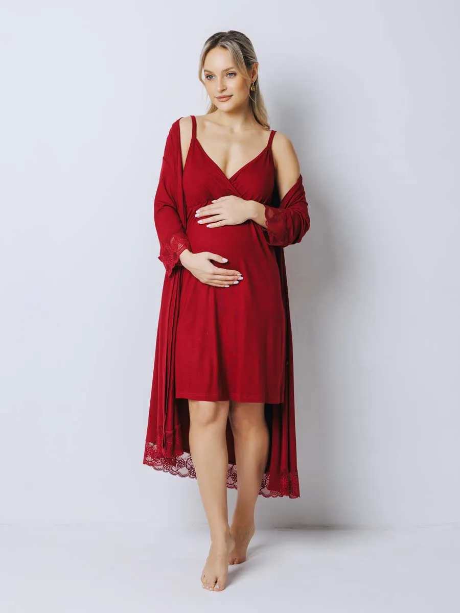 Костюм кружевной халат с сорочкой для беременных 27532 бордовый