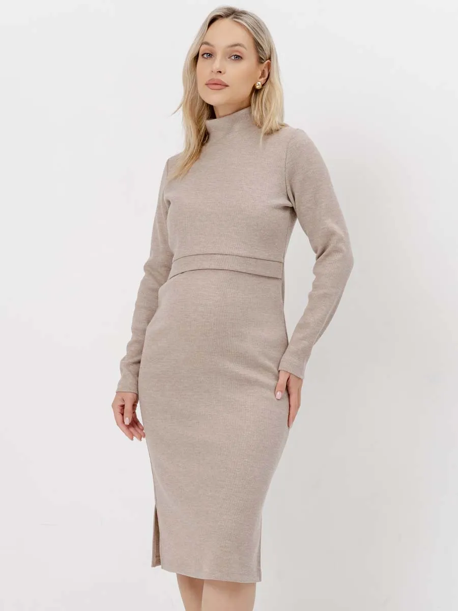 Платье вязаное для беременных и кормящих в офис 54504 бежевый