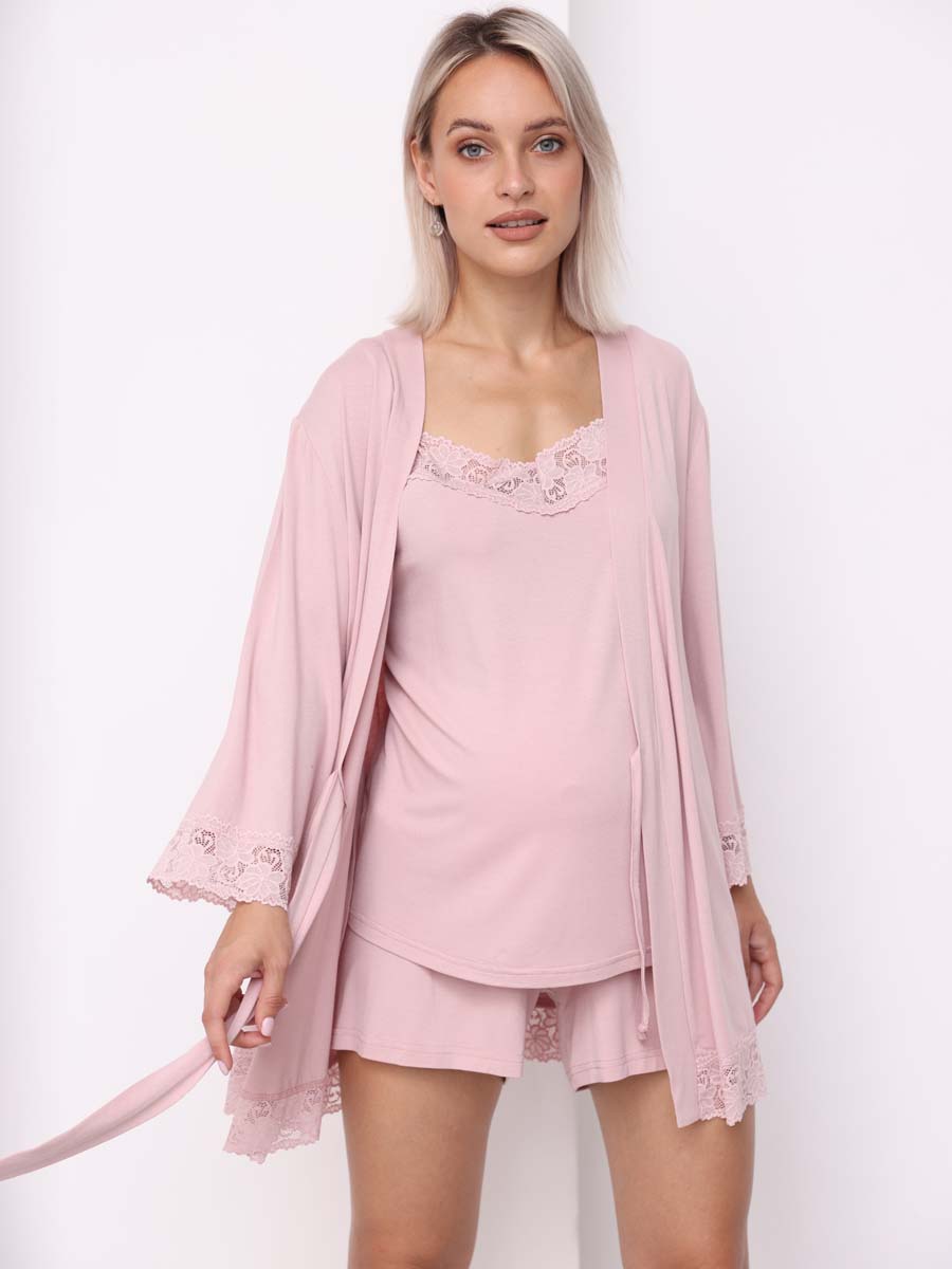 Пеньюар халат майка и топ для беременных и кормящих розовый