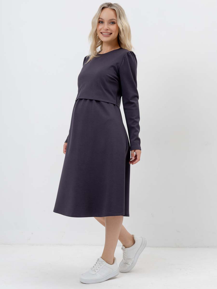 Платье для беременных и кормящих с длинным рукавом в офис антрацитовый