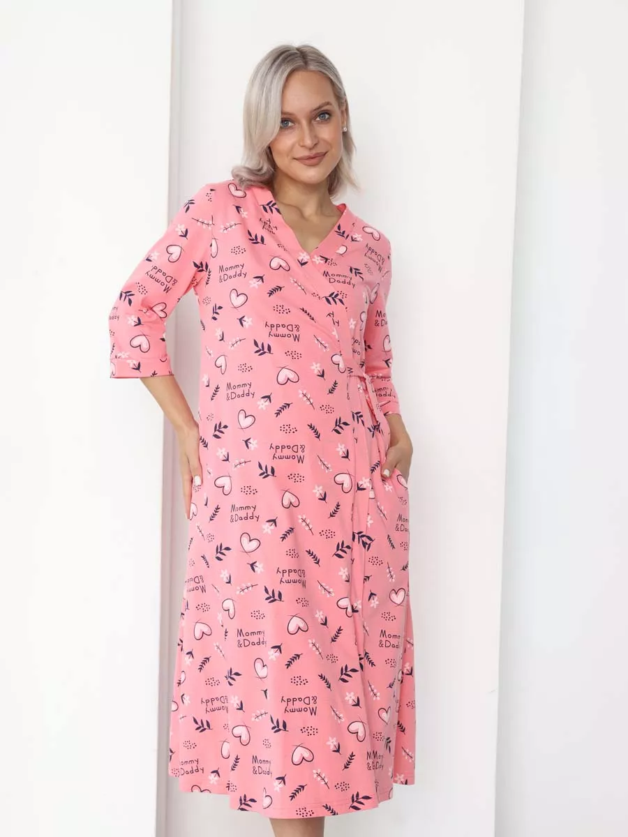 Халат и сорочка для беременных и кормящих в роддом костюм коралловый/белый