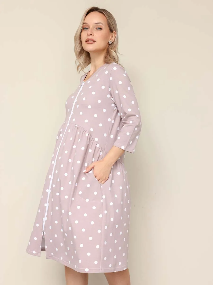 Халат домашний для беременных и кормящих в роддом 26302 бежевый/белый