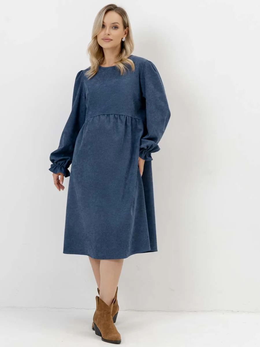 Платье для беременных с длинным рукавом вельветовое в офис сине-серый
