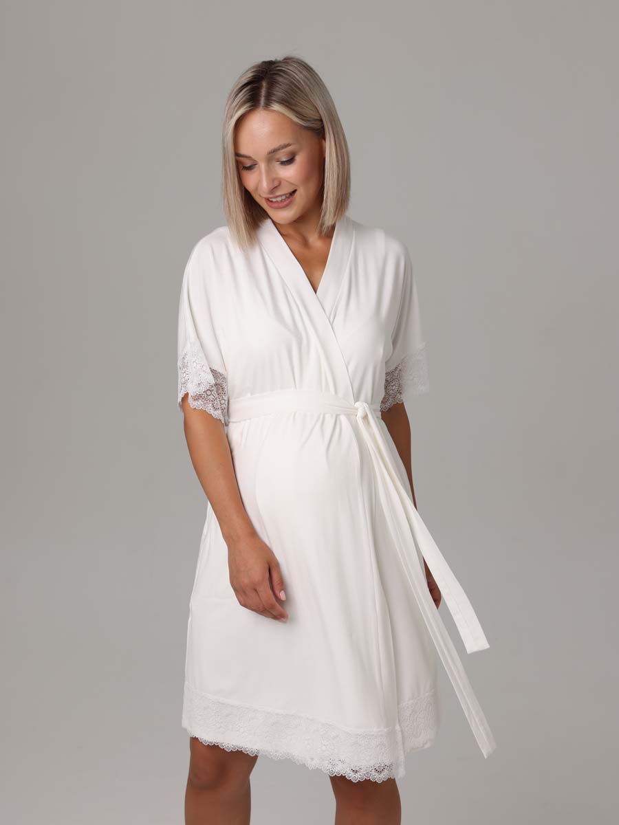 Халат с сорочкой для беременных и кормящих Пеньюар в роддом молочный