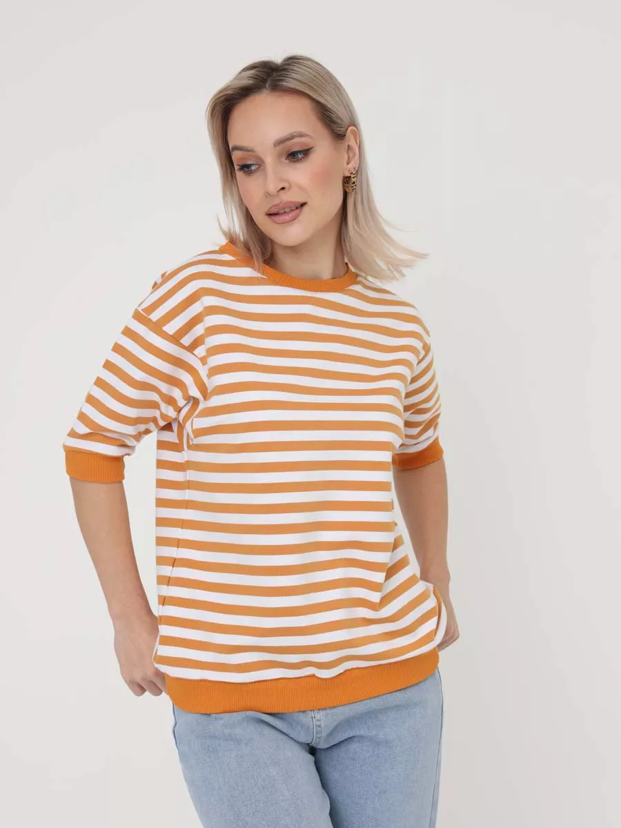 Джемпер в офис лонгслив в полоску горчичный/белый