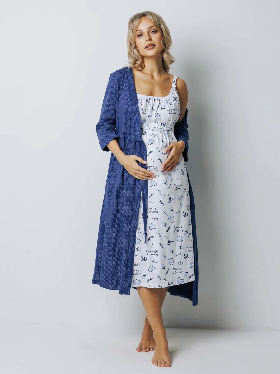 Халат и сорочка для беременных и кормящих в роддом костюм темно-синий/голубой