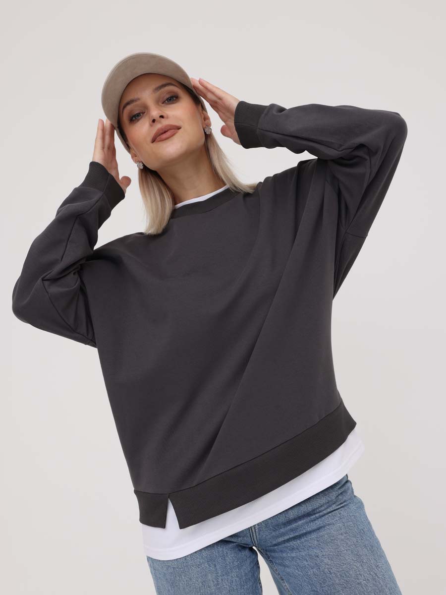 Джемпер женский оверсайз 69714 лонгслив антрацитовый/белый