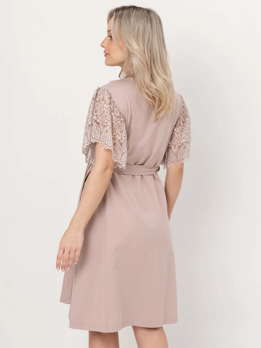 Костюм кружевной халат с сорочкой для беременных бежевый