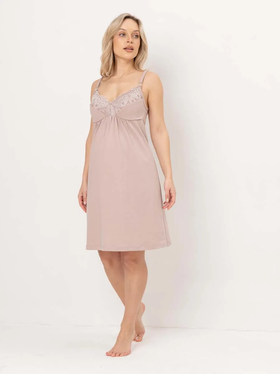 Костюм кружевной халат с сорочкой для беременных бежевый