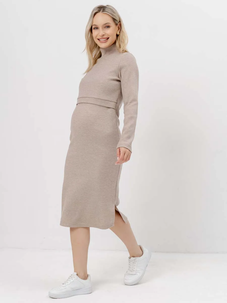 Платье вязаное для беременных и кормящих в офис 54504 бежевый