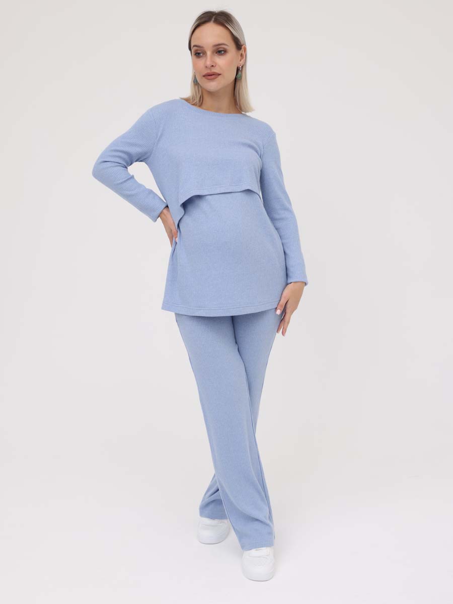Костюм для беременных и кормящих с брюками в рубчик голубой