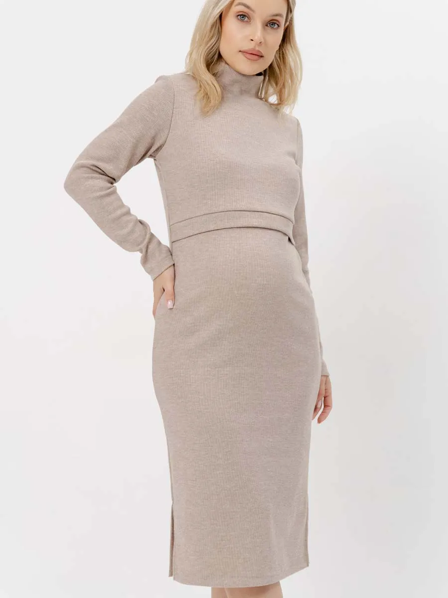 Платье вязаное для беременных и кормящих в офис 54504 бежевый