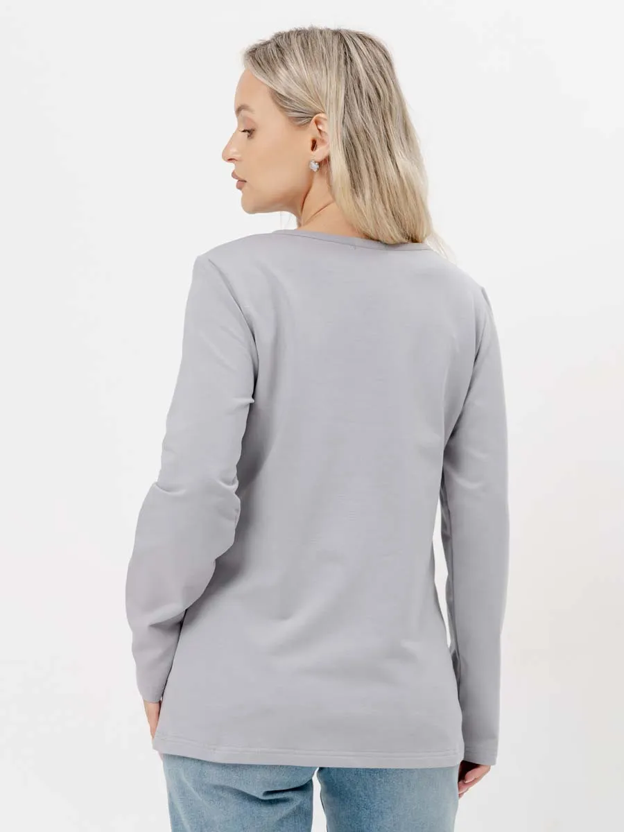 Стильный лонгслив для будущих мам на осень серый