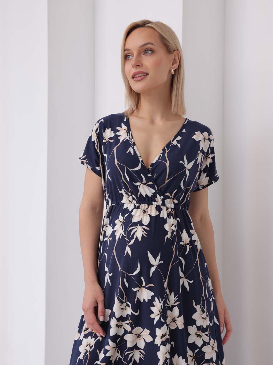 Платье женское для беременных и кормящих 60909 в офис синий/молочный