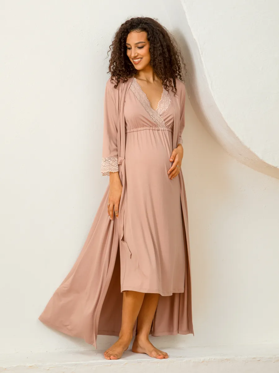 Костюм для беременных халат и сорочка в роддом для кормящих бежевый