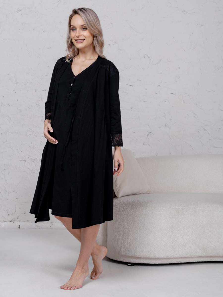 Халат с сорочкой для беременных и кормящих в роддом 21120 черный