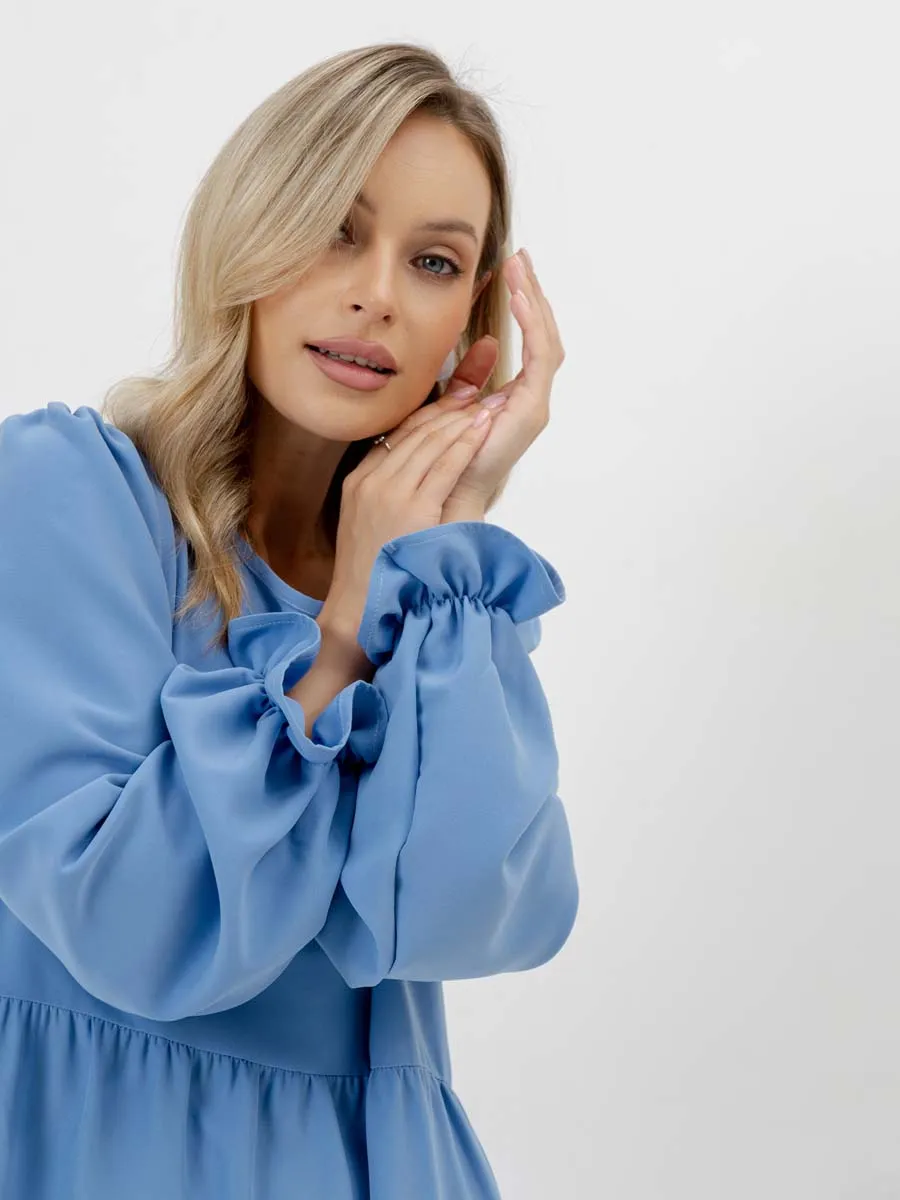 Платье для беременных с длинным рукавом в офис голубой темный