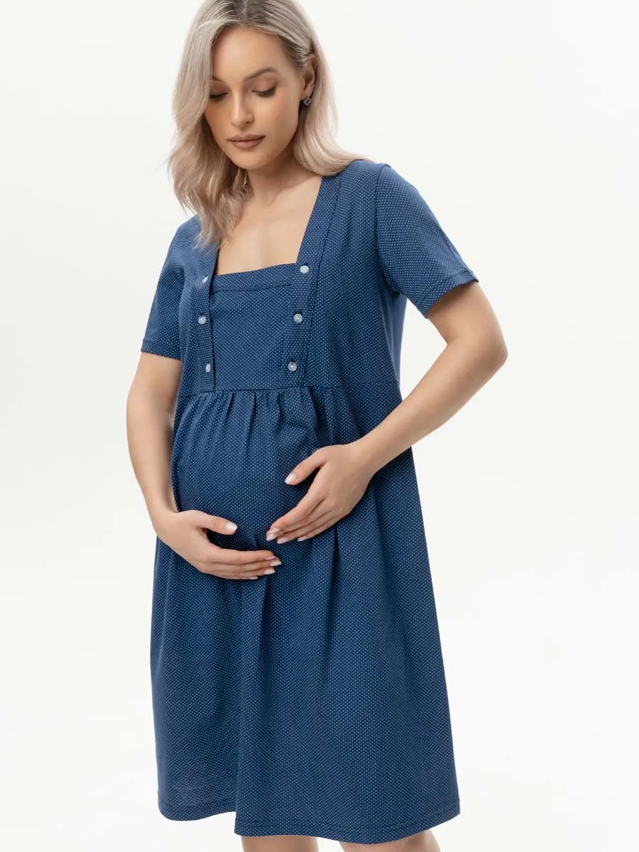 Ночная сорочка для беременных и кормящих хлопок 55701 синий/белый