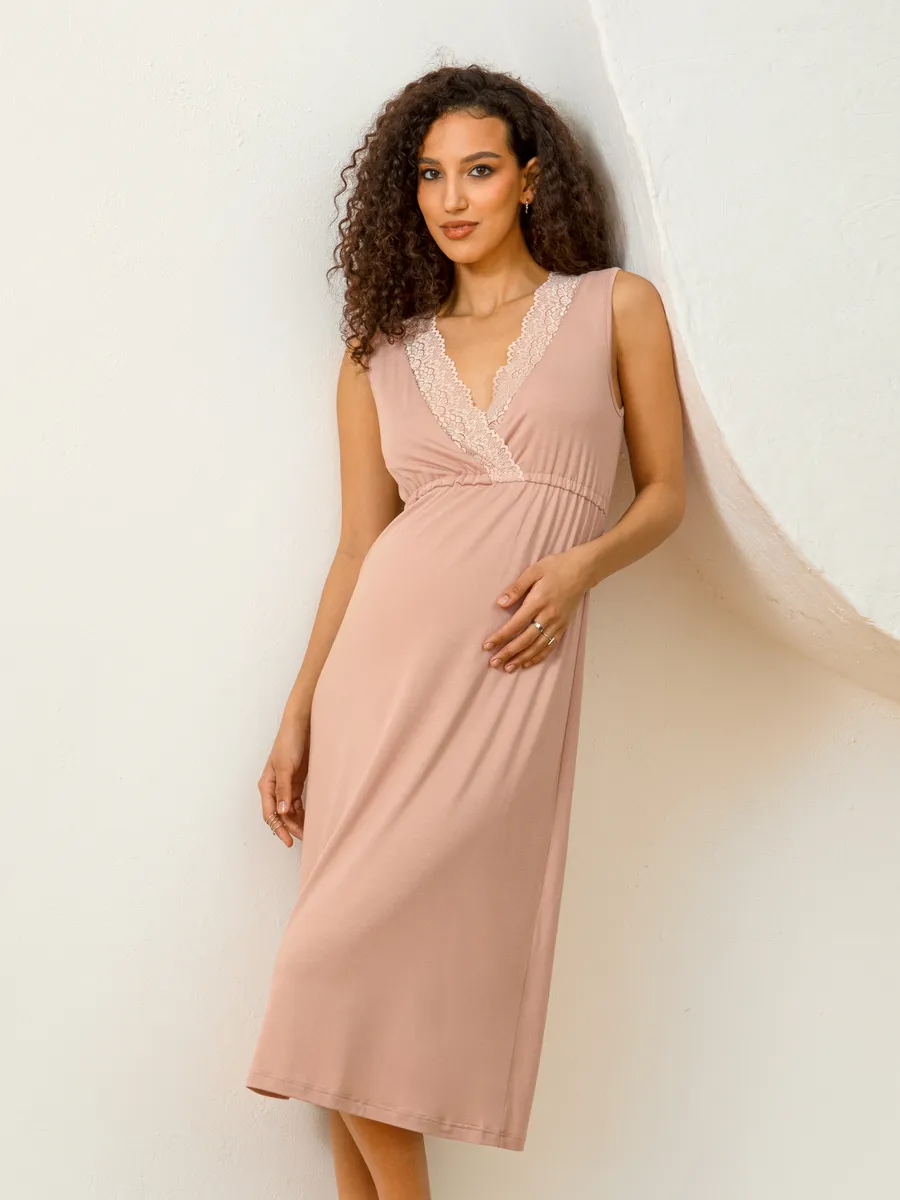 Костюм для беременных халат и сорочка в роддом для кормящих бежевый