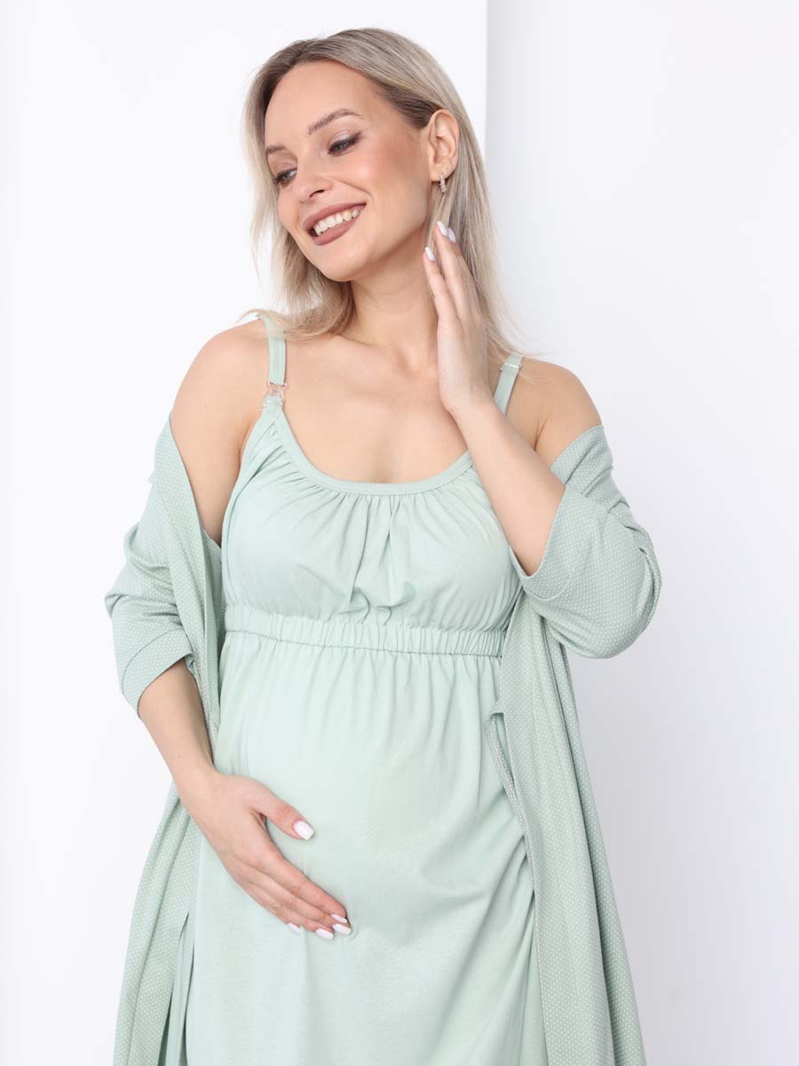 Халат и сорочка для беременных и кормящих в роддом костюм оливковый/молочный